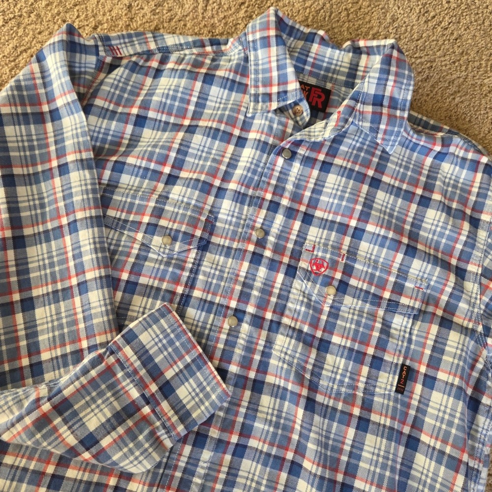 Ariat Work Shirt Blue Plaid FR Flame Resistant Pearl Snap Flannel Mens Large